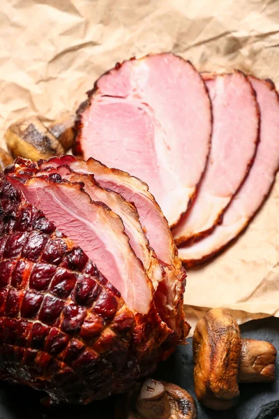 stock image Tasty smoked ham and grilled mushrooms on table