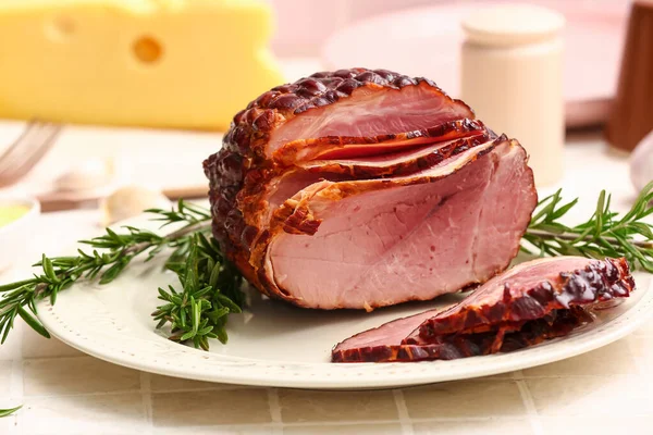 Plate Tasty Smoked Ham Light Tile Background — Stock Photo, Image