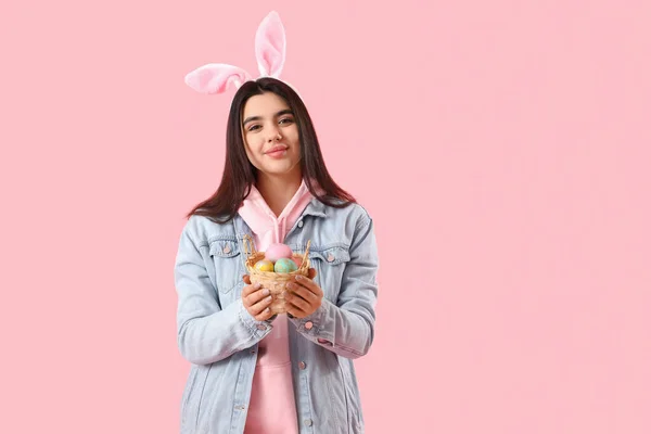 Young Woman Bunny Ears Basket Easter Eggs Pink Background — Stock Photo, Image