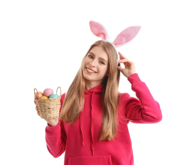 Mujer Joven Orejas Conejo Con Cesta Huevos Pascua Sobre Fondo —  Fotos de Stock