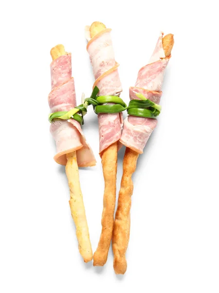 Tasty Italian Grissini Bacon White Background — Stock Photo, Image