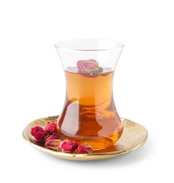 Glass Cup Turkish Tea Dry Roses White Background — Stock Photo, Image