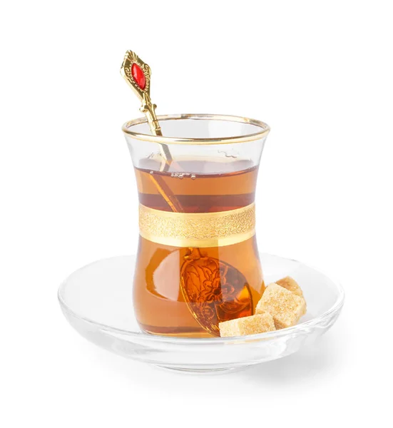 Glass Cup Tea Turkish Delight White Background — Stock Photo, Image
