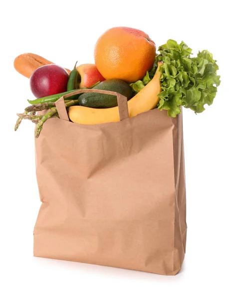 白地に野菜や果物の入った紙袋 — ストック写真
