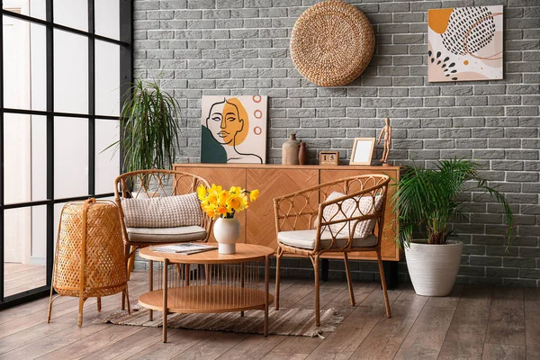 Interior Stylish Living Room Cozy Armchairs Flower Vase Coffee Table — Stock Photo, Image