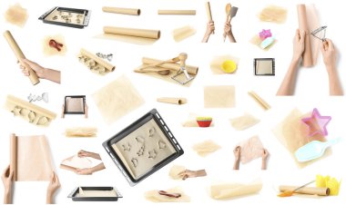 Beyaz zemin üzerinde mutfak gereçleri olan fırın kağıdı kolajı