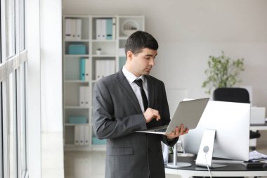 Genç muhasebeci ofiste dizüstü bilgisayarla çalışıyor.