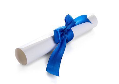 Beyaz arka planda mavi kurdeleli diploma