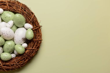 Renkli arka planda farklı Paskalya yumurtaları olan yuva