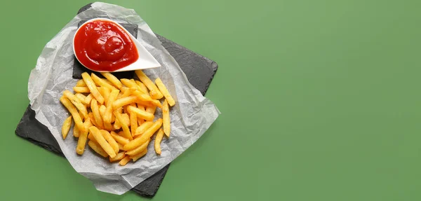 Tasty French Fries Ketchup Green Background Space Text — Stock Photo, Image