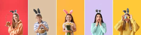 Σύνολο Διαφορετικών Ανθρώπων Γιορτάζει Πάσχα Στο Φόντο Χρώμα — Φωτογραφία Αρχείου