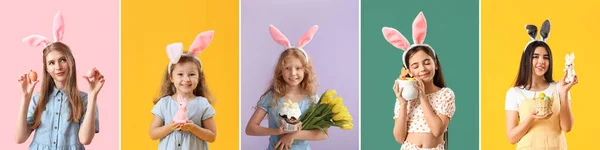 Set Van Veel Mensen Vieren Pasen Kleur Achtergrond — Stockfoto