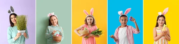 Set Molte Persone Che Celebrano Pasqua Sfondo Colori — Foto Stock