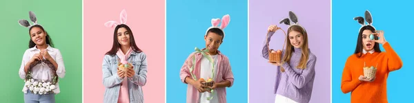 Zestaw Wielu Osób Świętujących Wielkanoc Kolorowym Tle — Zdjęcie stockowe