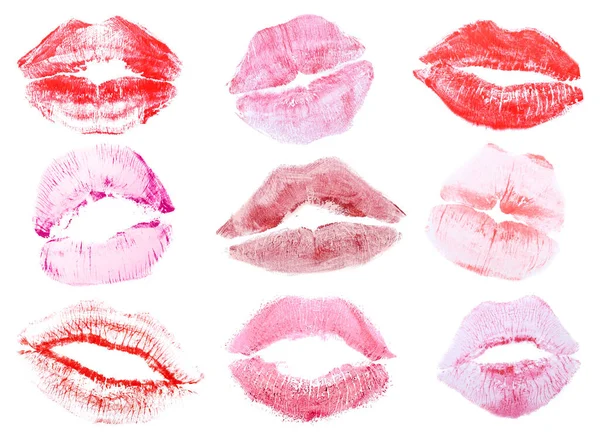 Jeu Marques Baiser Rouge Lèvres Sur Fond Blanc — Photo