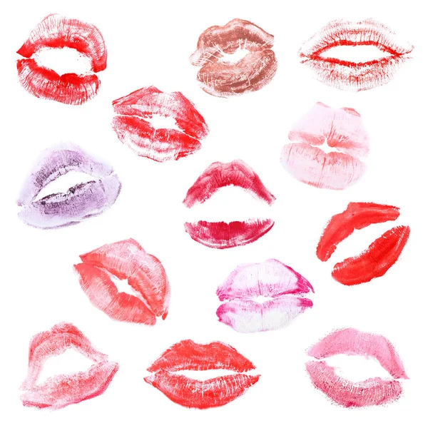 Jeu Marques Baiser Rouge Lèvres Sur Fond Blanc — Photo