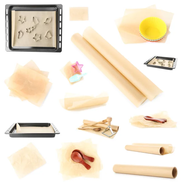 Collage Baking Paper Kitchen Utensils White Background — Stock Photo, Image