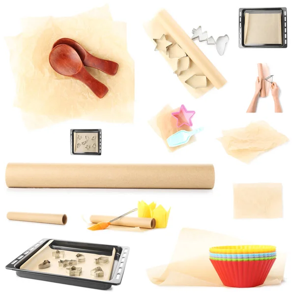 Sammlung Von Backpapier Mit Küchenutensilien Auf Weißem Hintergrund — Stockfoto