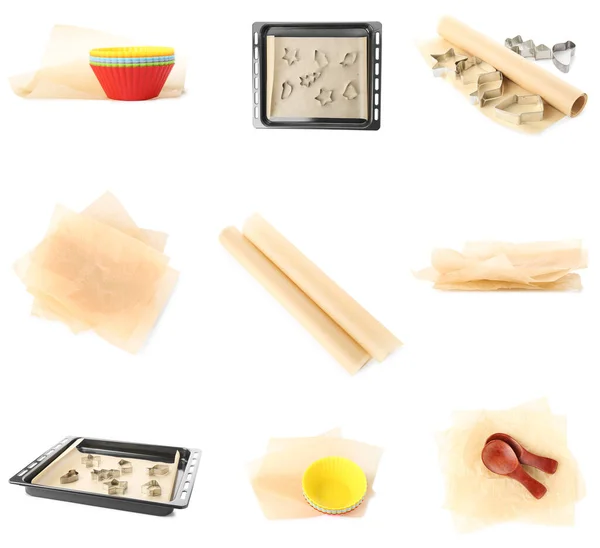 Gruppe Von Backpapier Mit Küchenutensilien Auf Weißem Hintergrund — Stockfoto