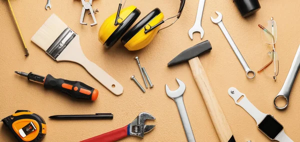 Set Construction Tools Beige Background — Stock Photo, Image