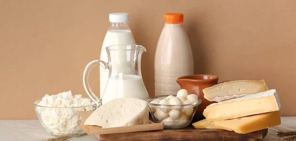 Different Fresh Dairy Products Table — Stock Photo, Image