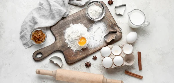 Different Ingredients Utensils Baking Cookies Light Background — Stock Photo, Image