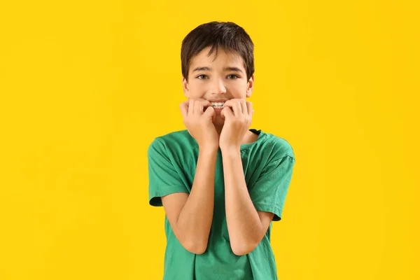Little Boy Biting Nails Yellow Background — 스톡 사진