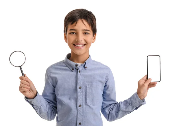 Little Boy Magnifier Mobile Phone White Background —  Fotos de Stock