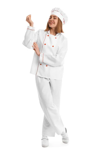 白い背景に制服を着た女性パン屋 — ストック写真