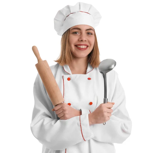 Vrouwelijke Bakker Met Pollepel Deegroller Witte Ondergrond — Stockfoto