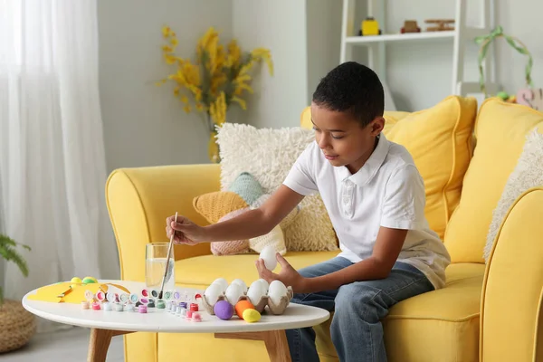 Little African American Boy Painting Easter Egg Home — Stock Photo, Image