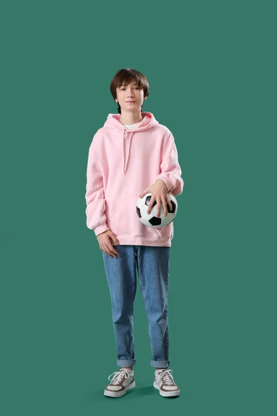 Teenage Boy Soccer Ball Green Background — Photo