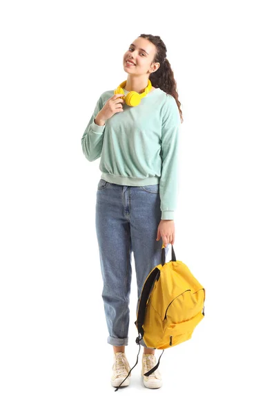 Female Student Headphones Backpack White Background — Stock Photo, Image