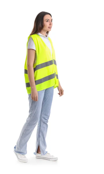 Female Worker Vest White Background — Zdjęcie stockowe