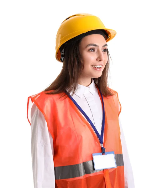 Female Worker Vest Hardhat White Background — Φωτογραφία Αρχείου