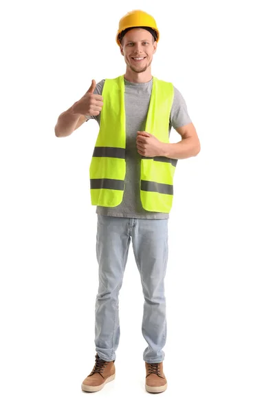 Mannelijke Werknemer Vest Hardhoed Met Duim Witte Achtergrond — Stockfoto