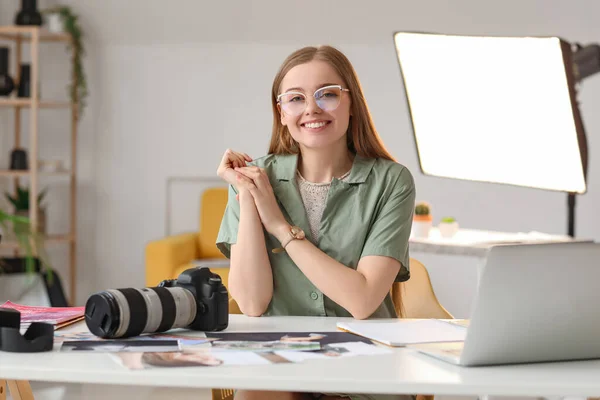 Young Female Photographer Workplace Studio — Stock Photo, Image