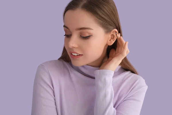 Young Woman Sweater Touching Hair Lilac Background Closeup — Stock Photo, Image