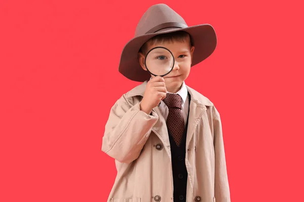 Cute Little Detective Magnifier Red Background — Stock Photo, Image