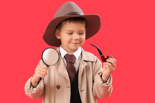 Cute Little Detective Magnifier Smoking Pipe Red Background —  Fotos de Stock