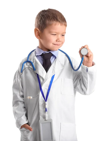 Roztomilý Malý Doktor Stetoskopem Bílém Pozadí — Stock fotografie