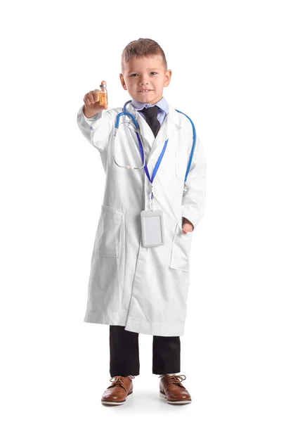 Cute Little Doctor Vaccine White Background — 图库照片
