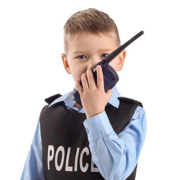 Divertente Piccolo Agente Polizia Con Trasmettitore Radio Sfondo Bianco — Foto Stock