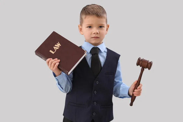 Carino Piccolo Giudice Con Libro Legge Martelletto Sfondo Grigio — Foto Stock