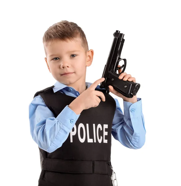 Funny Little Police Officer Gun White Background —  Fotos de Stock