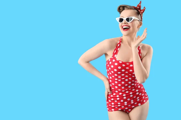 Young Pin Woman Polka Dot Swimsuit Blue Background — Foto de Stock