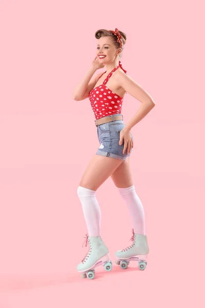 Young Pin Woman Roller Skates Pink Background — Stok fotoğraf
