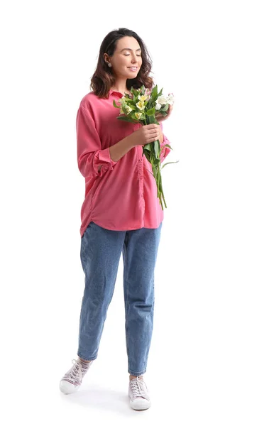 Young Woman Pink Shirt Alstroemeria Flowers White Background — 스톡 사진
