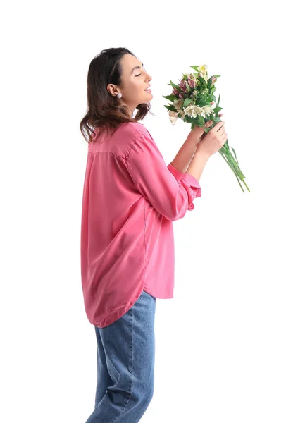 Young Woman Pink Shirt Alstroemeria Flowers White Background — Stock fotografie