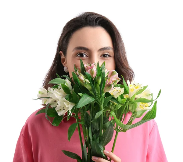 Young Woman Pink Shirt Alstroemeria Flowers White Background Closeup — Stock Photo, Image